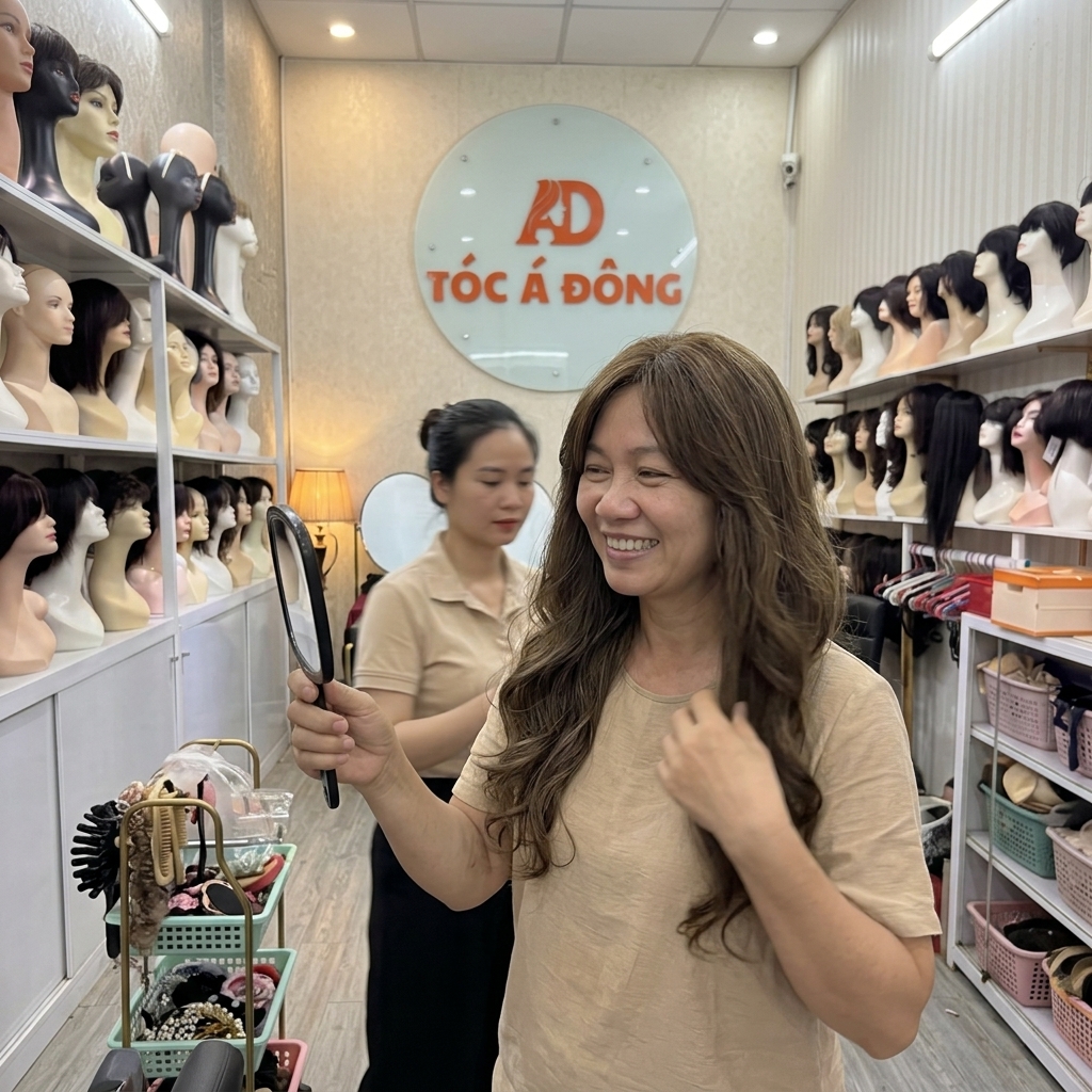 Khách hàng nữ rạng rỡ sau khi trải nghiệm dịch vụ tạo kiểu tóc thật nguyên bản tại cửa hàng tóc giả Quận 3
