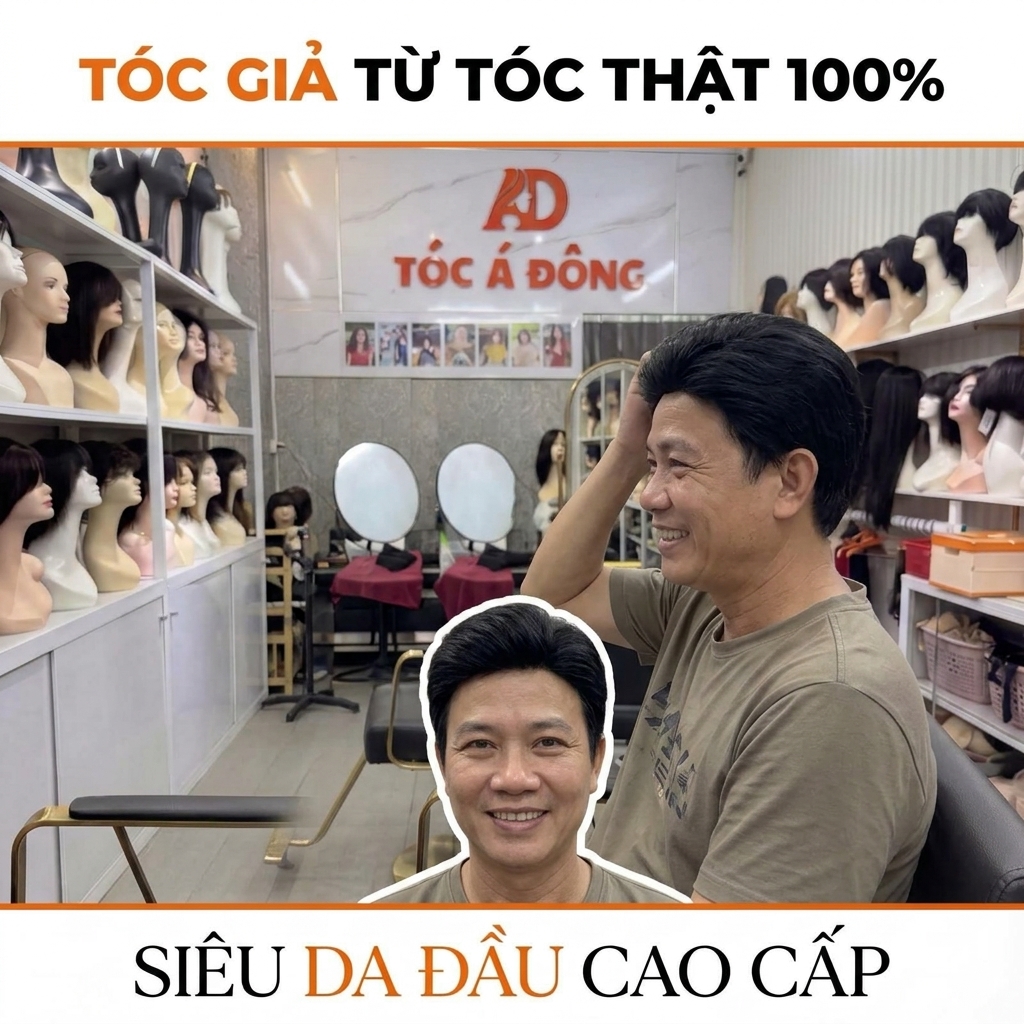 Khách hàng nam thử nghiệm tóc giả hói nam siêu da đầu tại cửa hàng tóc giả nam nữ Quận 3 - Tóc Á Đông