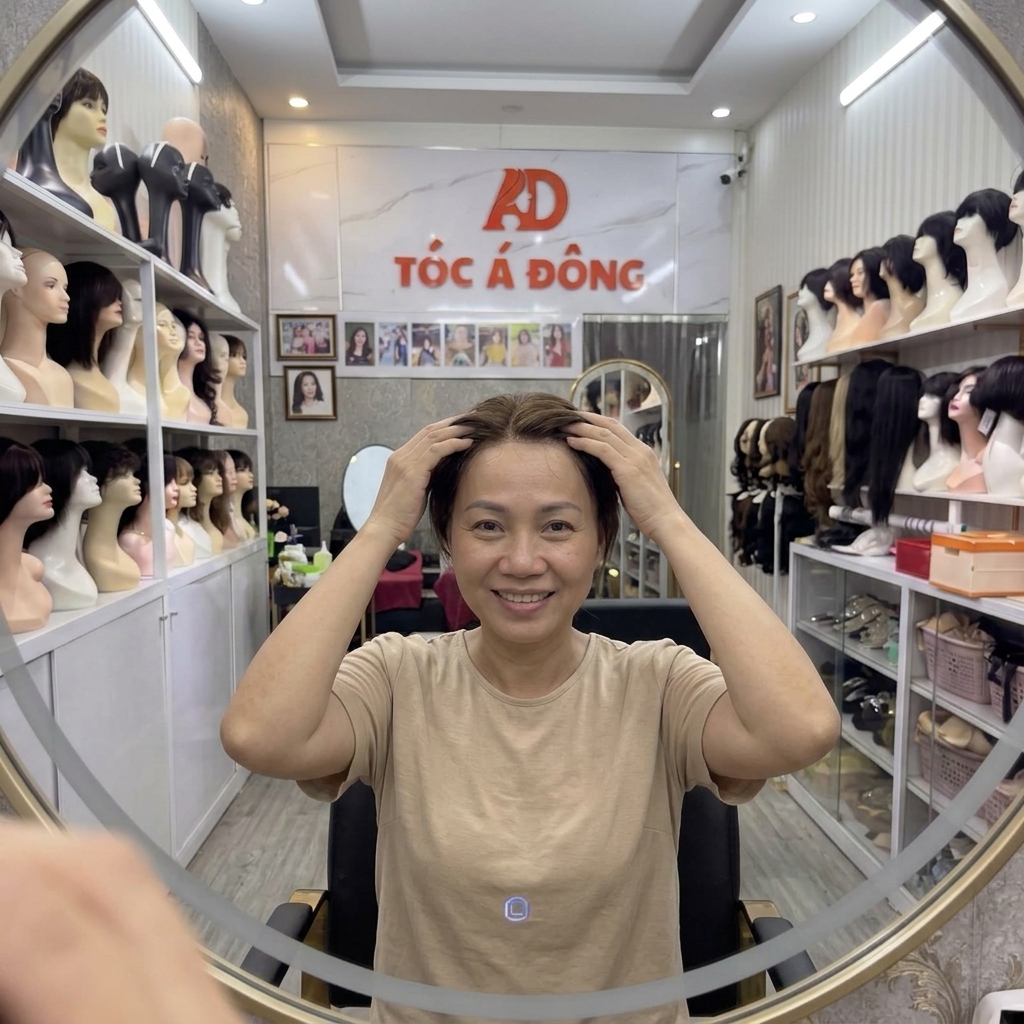 Chị khách rạng rỡ sau khi thử mái phím che hói chữ M nữ tại Tóc Á Đông