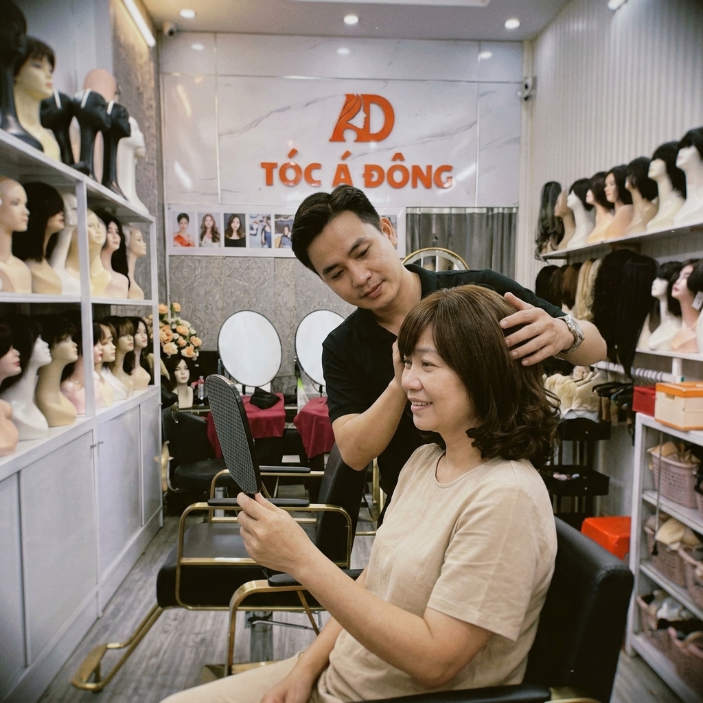 Chuyên gia Tóc Á Đông đang ân cần tư vấn và tinh chỉnh phom dáng tóc giả cho khách hàng hóa trị