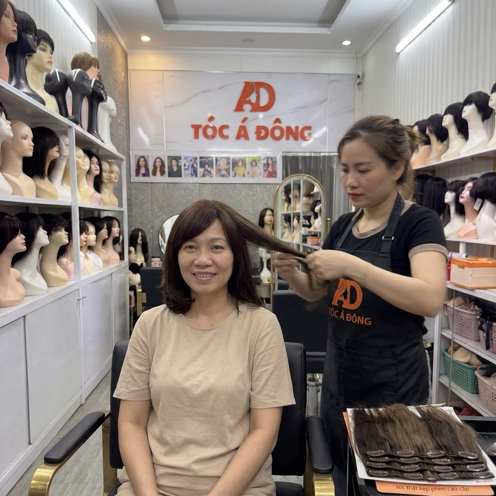 Khách hàng đang được chuyên gia Tóc Á Đông gắn tóc thật kẹp phím cao cấp tại showroom để khắc phục tình trạng tóc thưa mỏng.