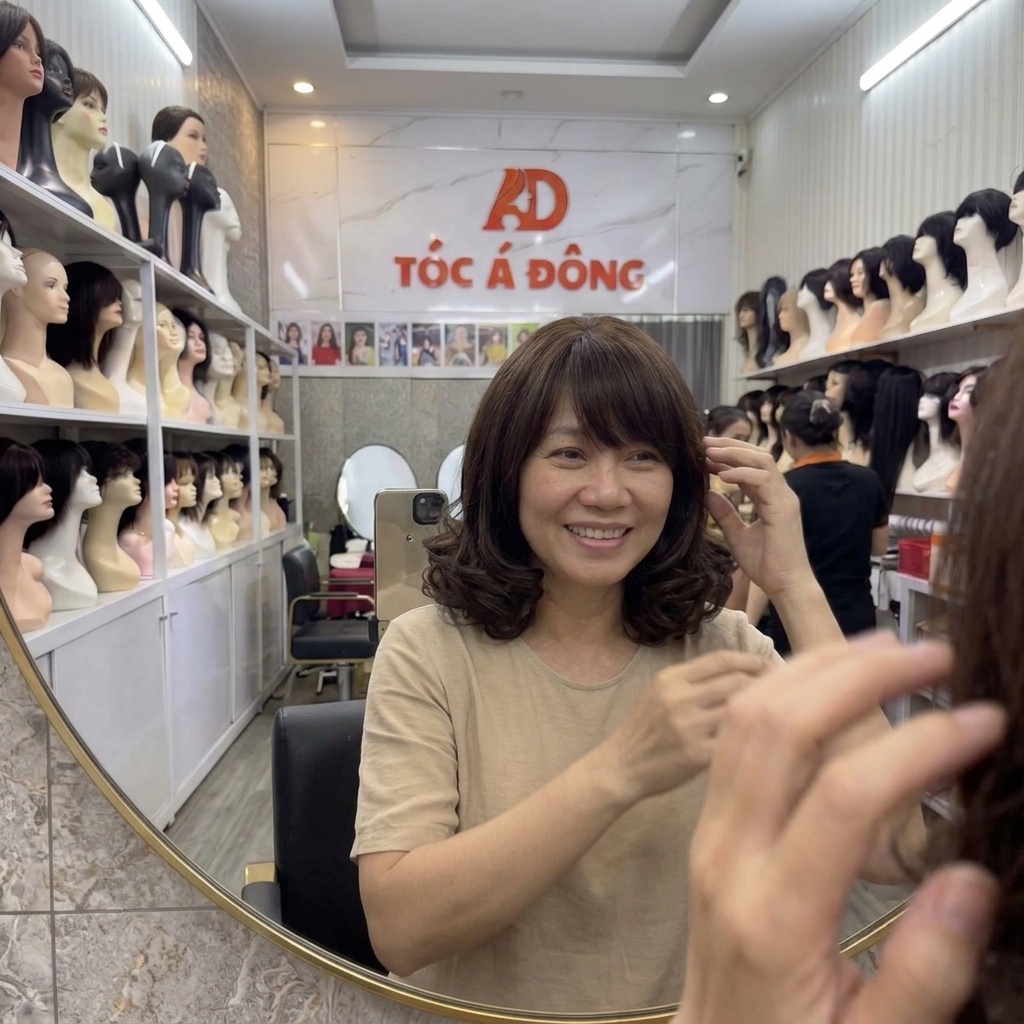 Cận cảnh khách hàng mỉm cười hạnh phúc, ngắm nhìn mái tóc bồng bềnh, suôn mượt hoàn hảo sau khi tự tay gắn tóc thật kẹp phím cao cấp.