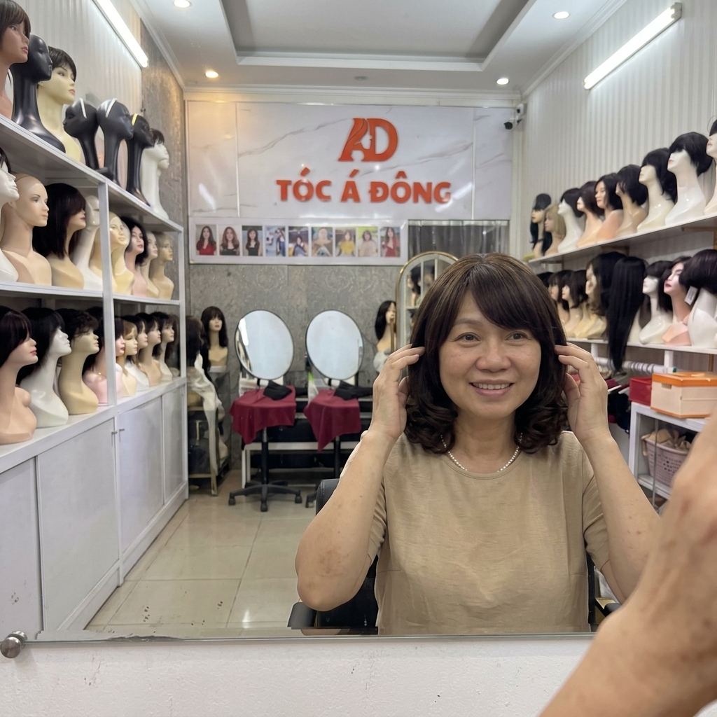 Cô Lan, 52 tuổi, tự tin trải nghiệm bộ tóc giả nữ trung niên sang trọng tại showroom Tóc Á Đông