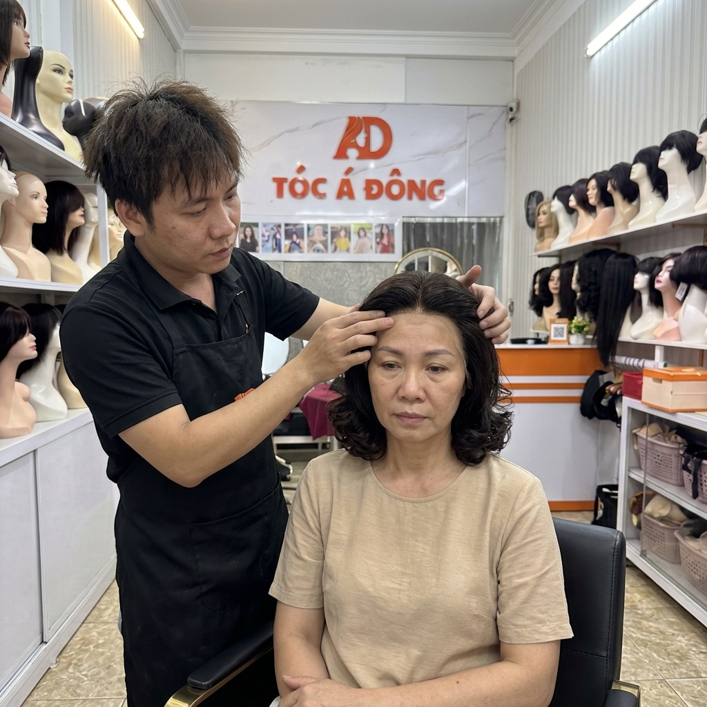 Chuyên gia tạo mẫu của Tóc Á Đông đang hỗ trợ khách hàng nữ trung niên tinh chỉnh độ ôm của siêu da đầu