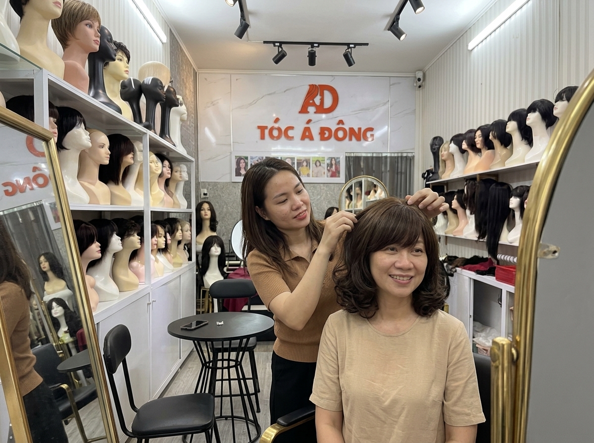 Khách hàng trải nghiệm và thử các mẫu tóc giả nguyên đầu tóc thật cao cấp tại showroom Tóc Á Đông