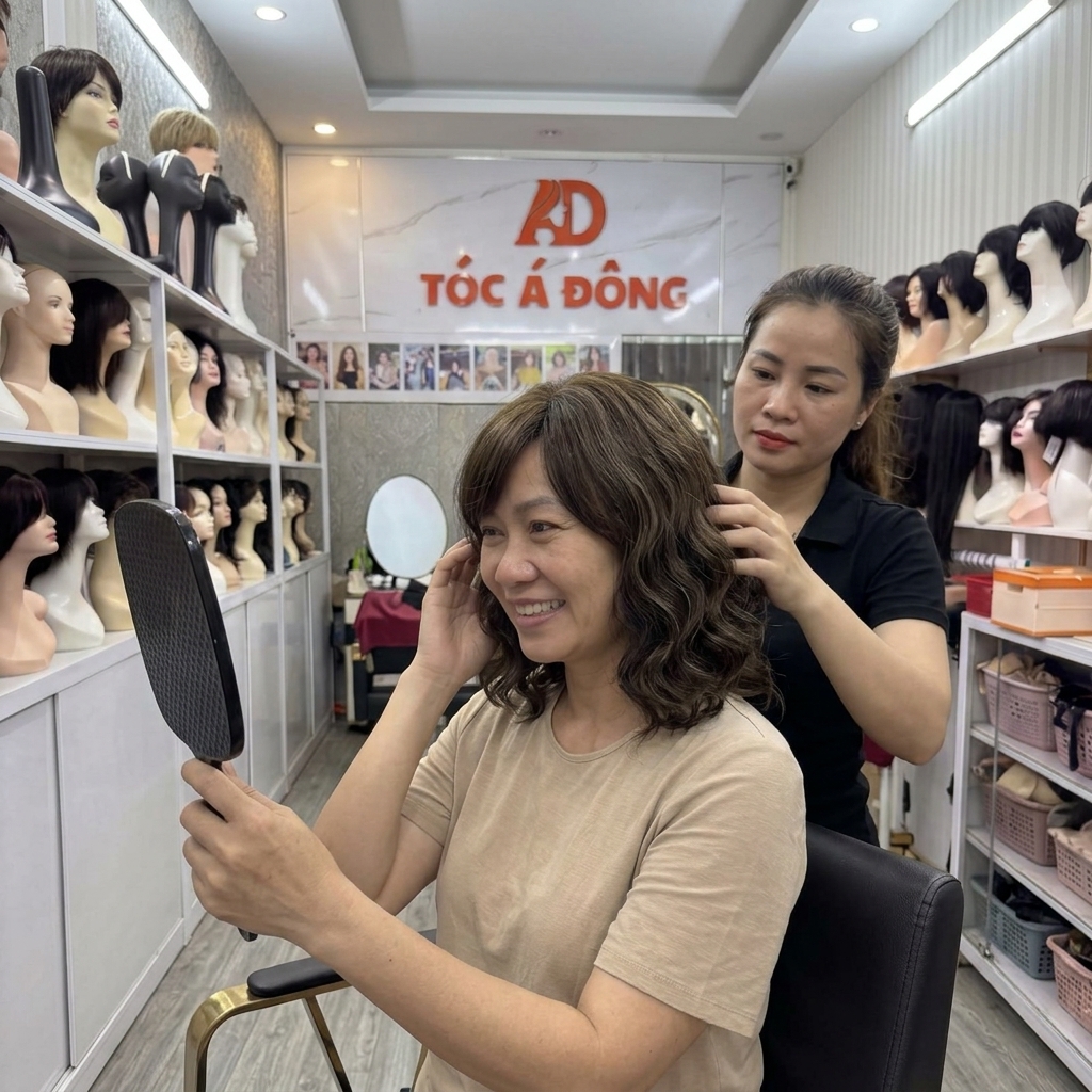 Khách hàng trải nghiệm mua tóc giả nữ đẹp ở Sài Gòn tại showroom Tóc Á Đông