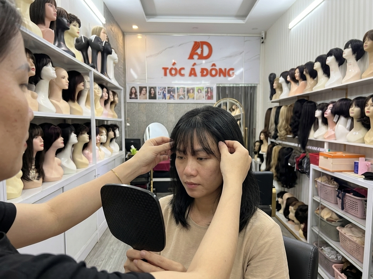 Chuyên viên Tóc Á Đông đang tinh chỉnh và thử kiểu tóc mái giả thật Hàn Quốc tự nhiên cho khách hàng tại showroom