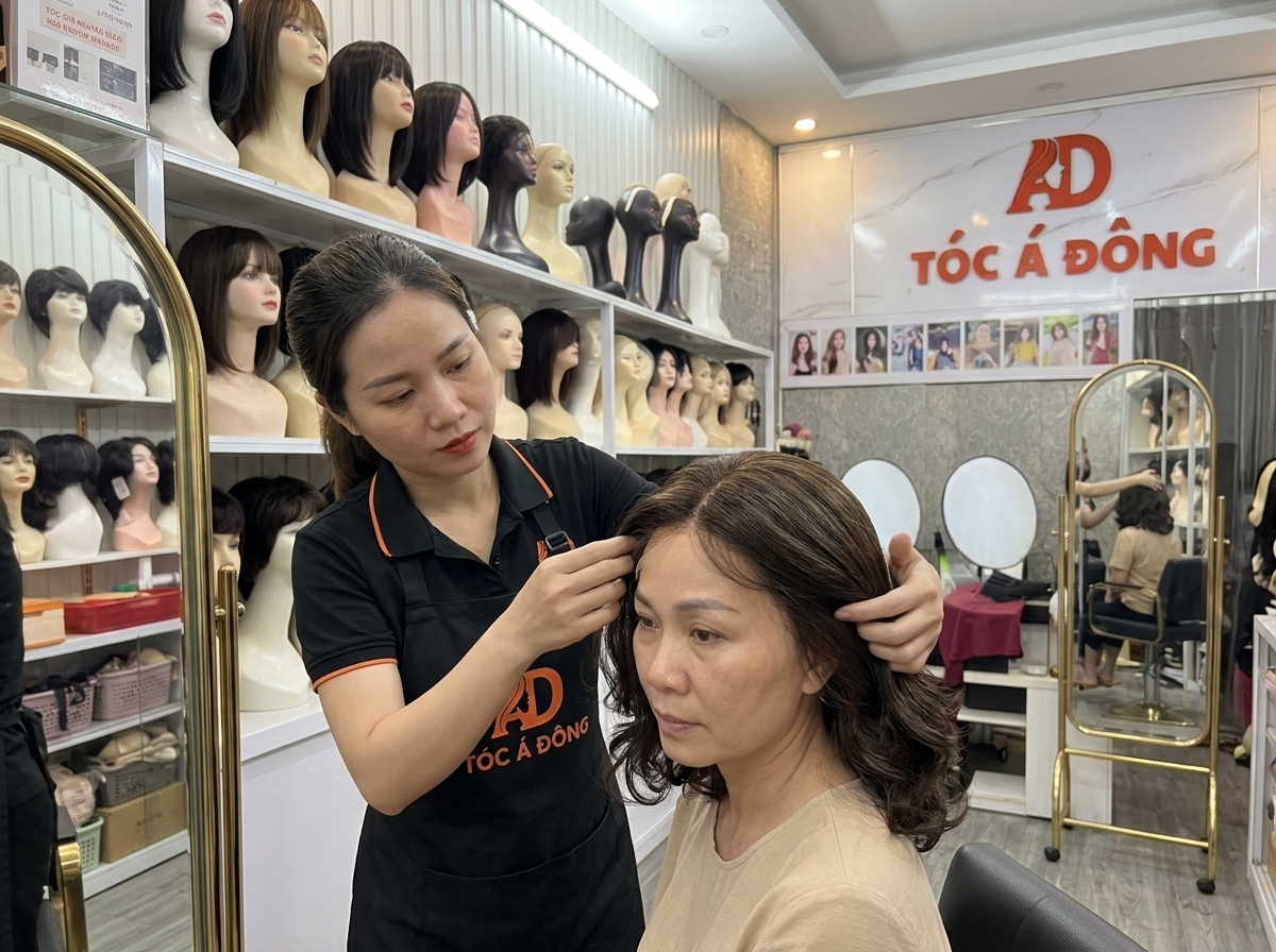 Chuyên gia Tóc Á Đông trực tiếp hướng dẫn khách hàng cách đội tóc giả nguyên đầu không bị lộ