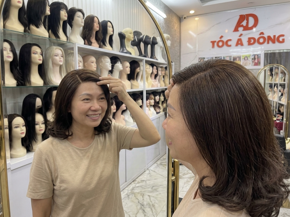 Khách hàng tự tin ngắm nhìn mái tóc giả nguyên đầu tóc thật tự nhiên không tì vết tại Tóc Á Đông