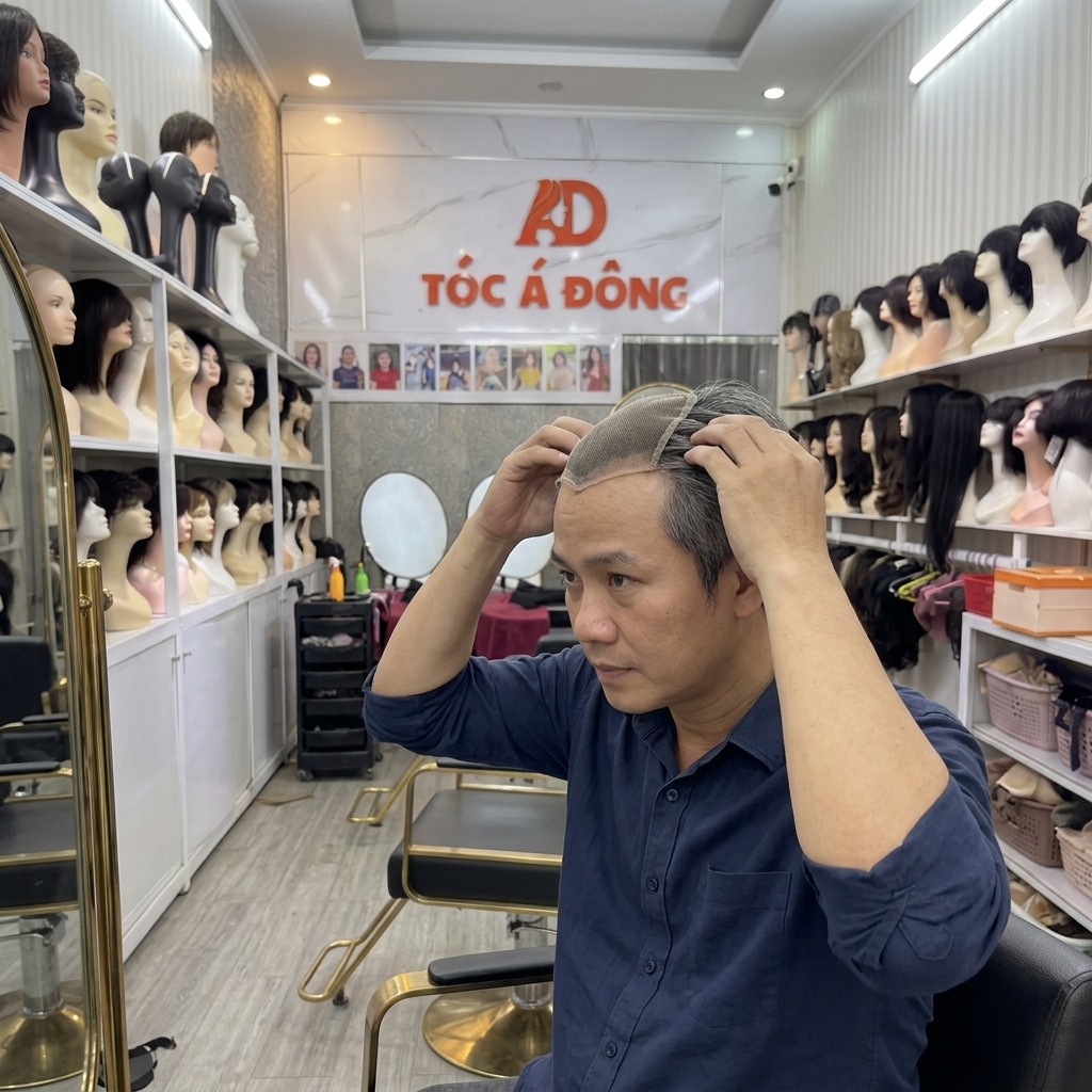 Chuyên gia Tóc Á Đông tư vấn kỹ lưỡng form đầu và diện tích vùng hói chữ M cho khách hàng nam trước khi thực hiện dán tóc giả cao cấp.