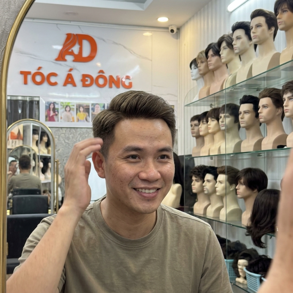 Khách hàng nam vô cùng hài lòng với diện mạo mới sau khi sử dụng miếng dán tóc giả cao cấp tại Tóc Á Đông