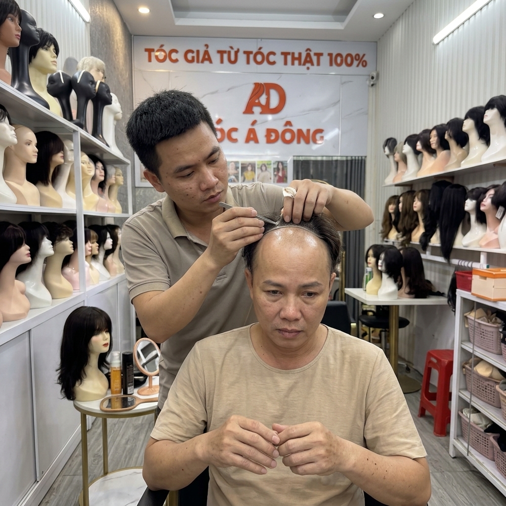 Chuyên gia Tóc Á Đông đang trực tiếp đo form và thiết kế miếng dán tóc giả nam cao cấp cho khách hàng
