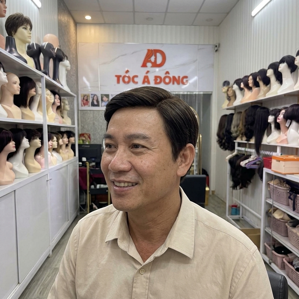 Chú Hoàng rạng rỡ với diện mạo mới sau khi sử dụng tóc giả nam trung niên hói đỉnh đầu tại Tóc Á Đông, lấy lại phong độ và sự tự tin vốn có.
