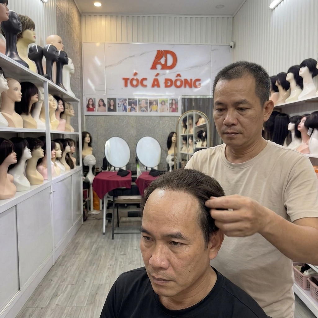 Chuyên gia Tóc Á Đông đang tinh chỉnh và cố định phần siêu da đầu cho khách hàng nam trung niên, đảm bảo độ ôm khít, chắc chắn và viền chân tóc tàng hình tự nhiên.