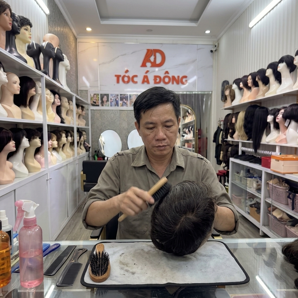 Chuyên gia Tóc Á Đông đang vệ sinh và làm sạch sâu từng sợi tóc thật trên hệ thống tóc giả nam dán cao cấp.