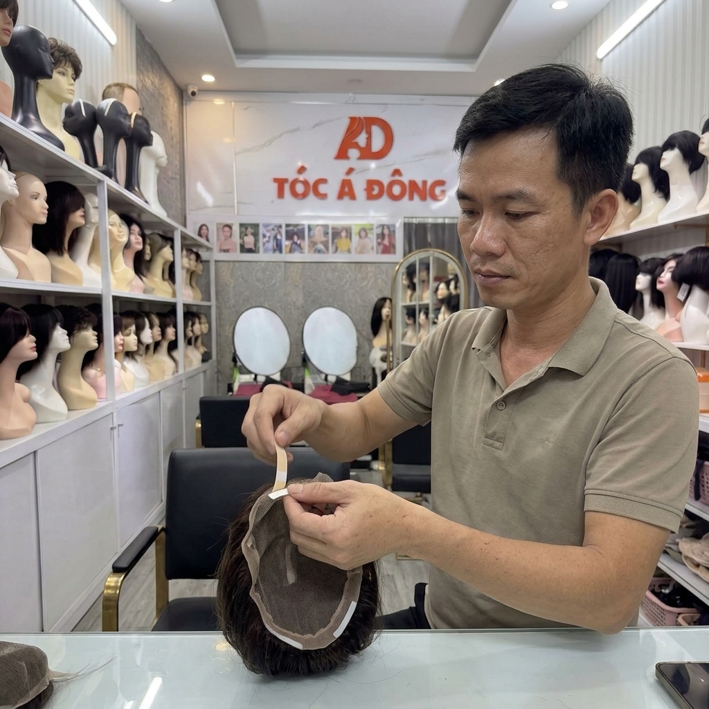 Chuyên gia Tóc Á Đông đang hướng dẫn thao tác tháo và xử lý keo dán trên màng lưới PU của tóc giả nam.
