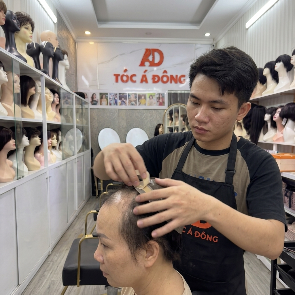Chuyên gia Tóc Á Đông đang kiểm tra và tư vấn form tóc giả nam nguyên đầu trực tiếp cho khách hàng tại salon.