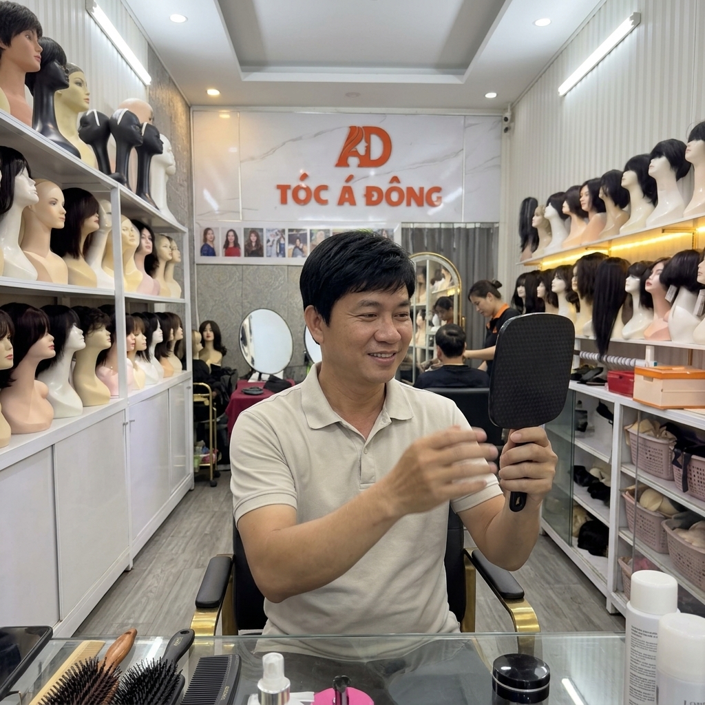 Khách hàng nam vô cùng hài lòng ngắm nhìn diện mạo phong độ sau khi được trang bị tóc giả nguyên đầu tóc thật tại Tóc Á Đông.