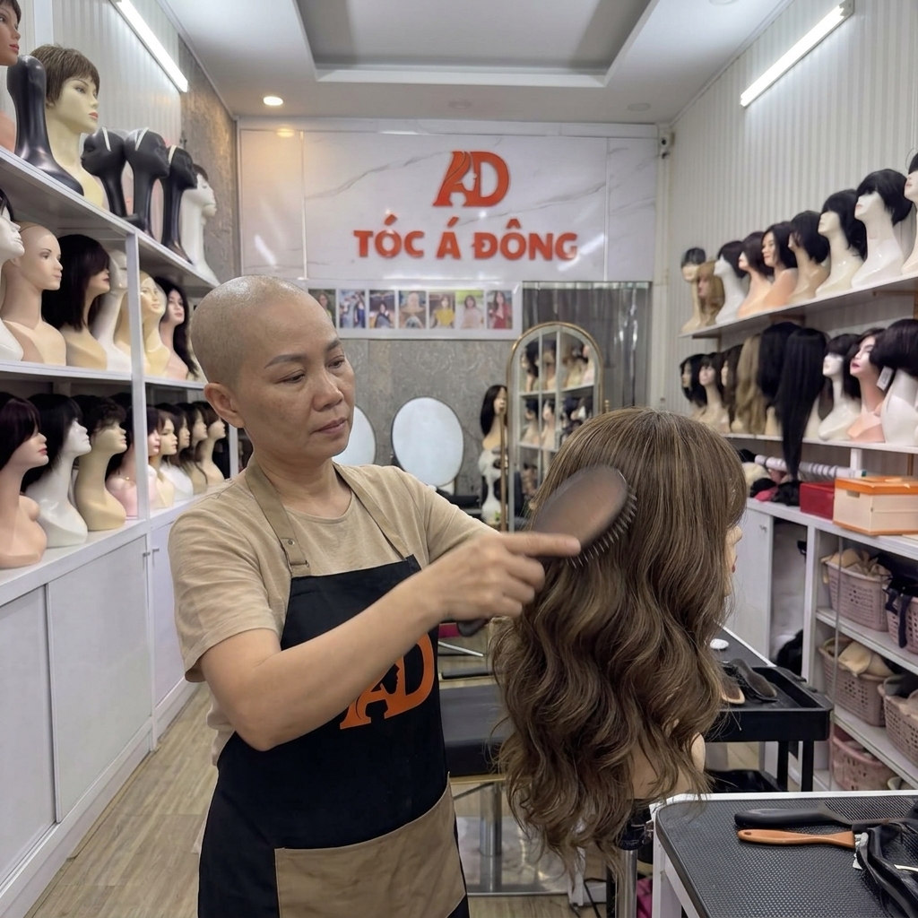 Cận cảnh lớp siêu da đầu màng PU tàng hình của tóc giả dán trán nữ, tiệp màu da tự nhiên hoàn hảo.