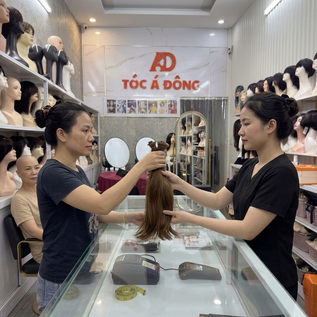Khách hàng mang bộ tóc dài đến showroom Tóc Á Đông để được thẩm định và thu mua giá cao