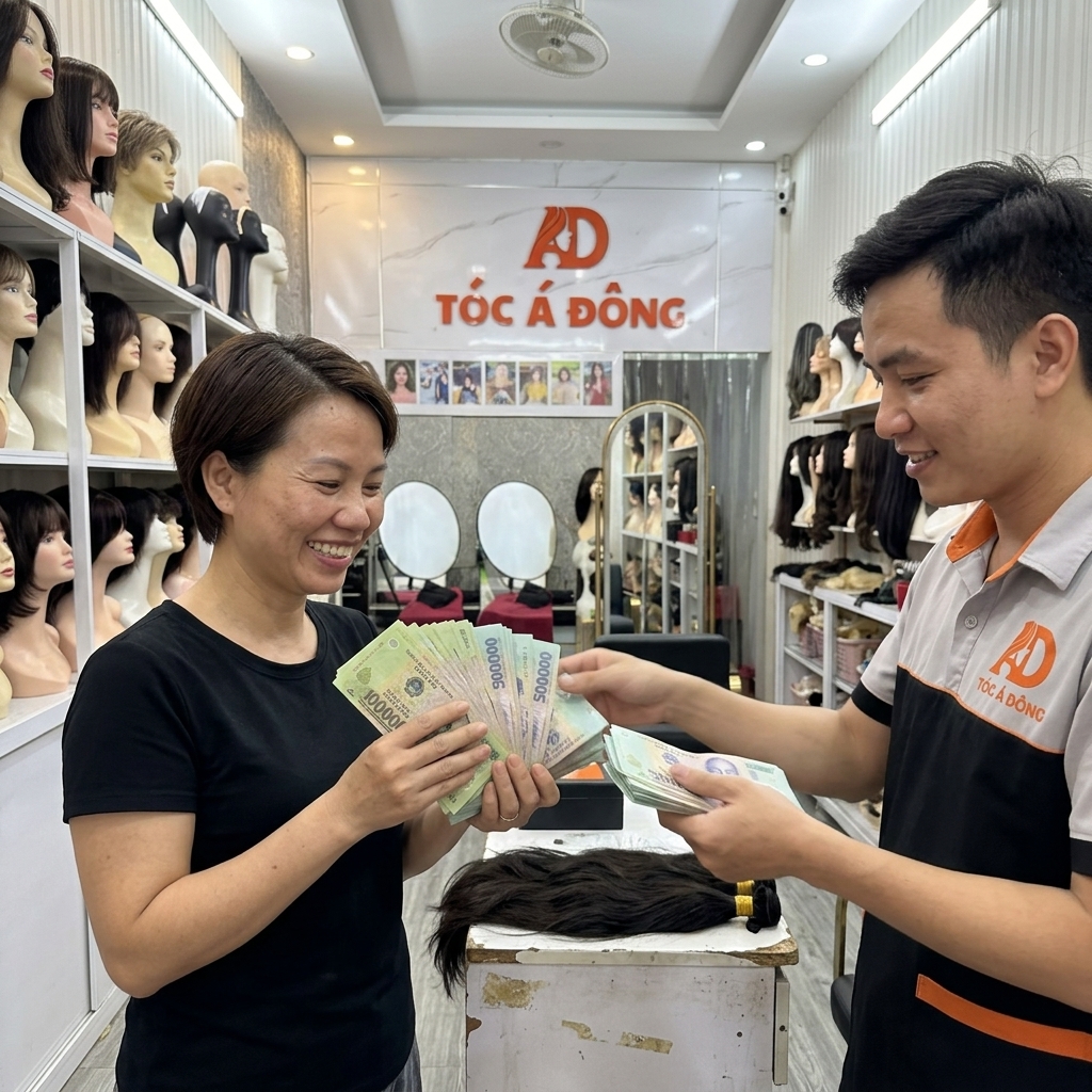 Khách hàng nhận ngay tiền mặt xứng đáng sau khi hoàn tất giao dịch bán tóc thật tại showroom
