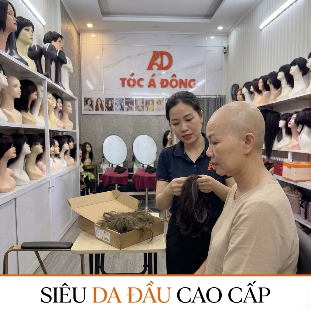 Chân dung cô Lan (52 tuổi) đang được chuyên gia tại Tóc Á Đông tư vấn sau những lần mua nhầm tóc giả kém chất lượng