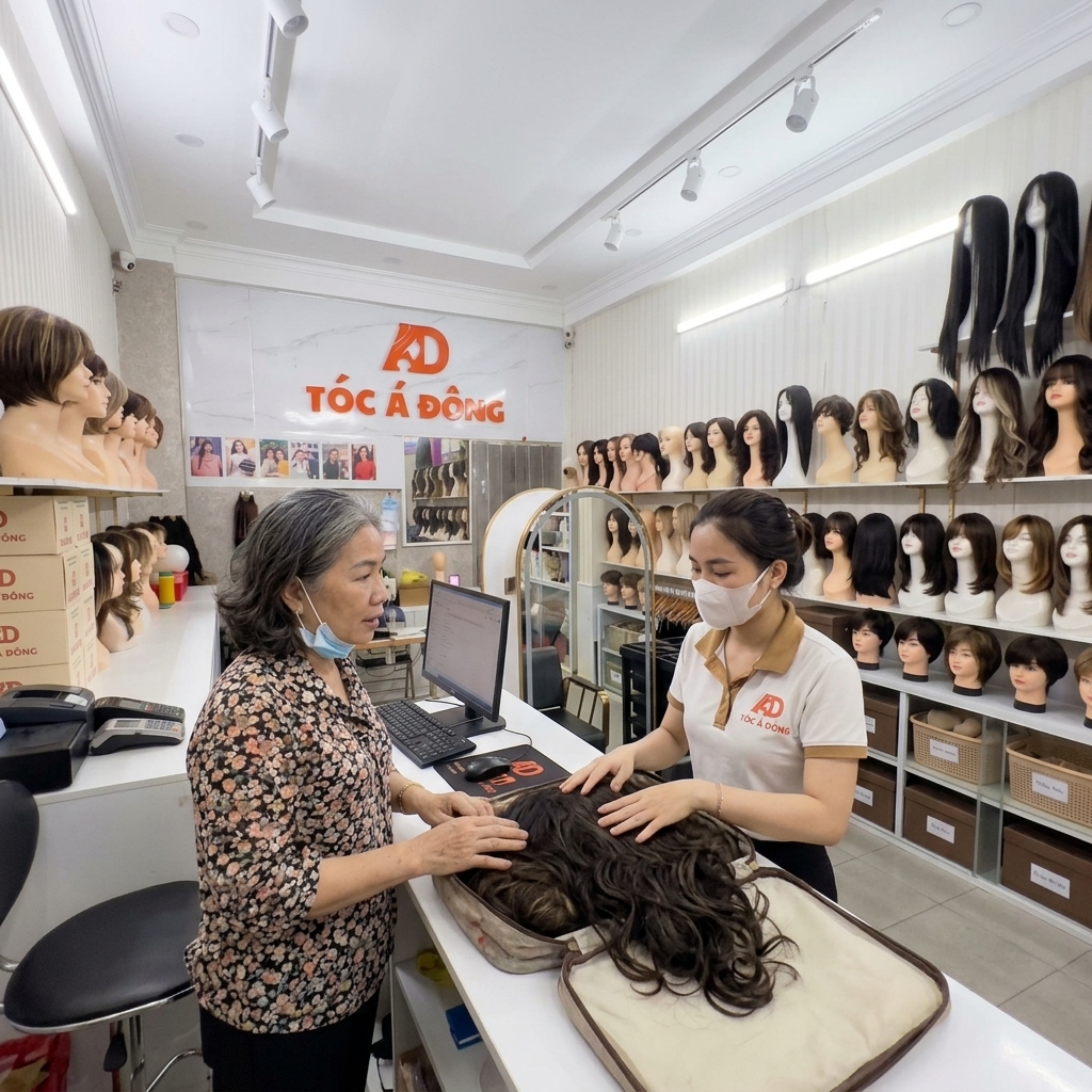 Khách hàng mang tóc đến bảo hành tại Tóc Á Đông