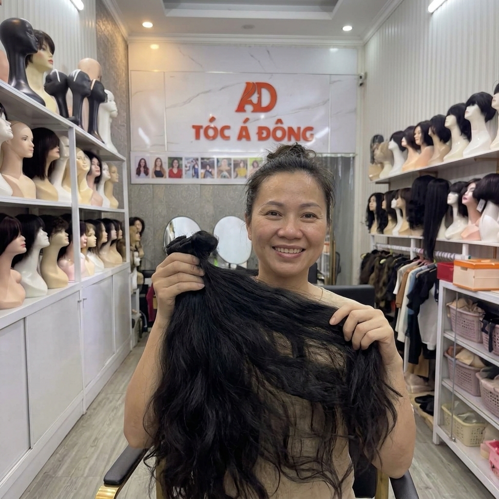 Khách hàng tại Tóc Á Đông cầm lọn tóc dài mượt nguyên bản vừa cắt với nụ cười hài lòng