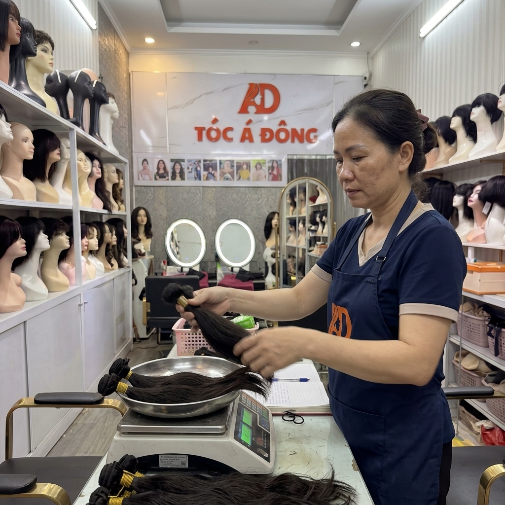 Cân đo trọng lượng tóc thật một cách minh bạch trên cân điện tử chuyên dụng tại showroom Tóc Á Đông
