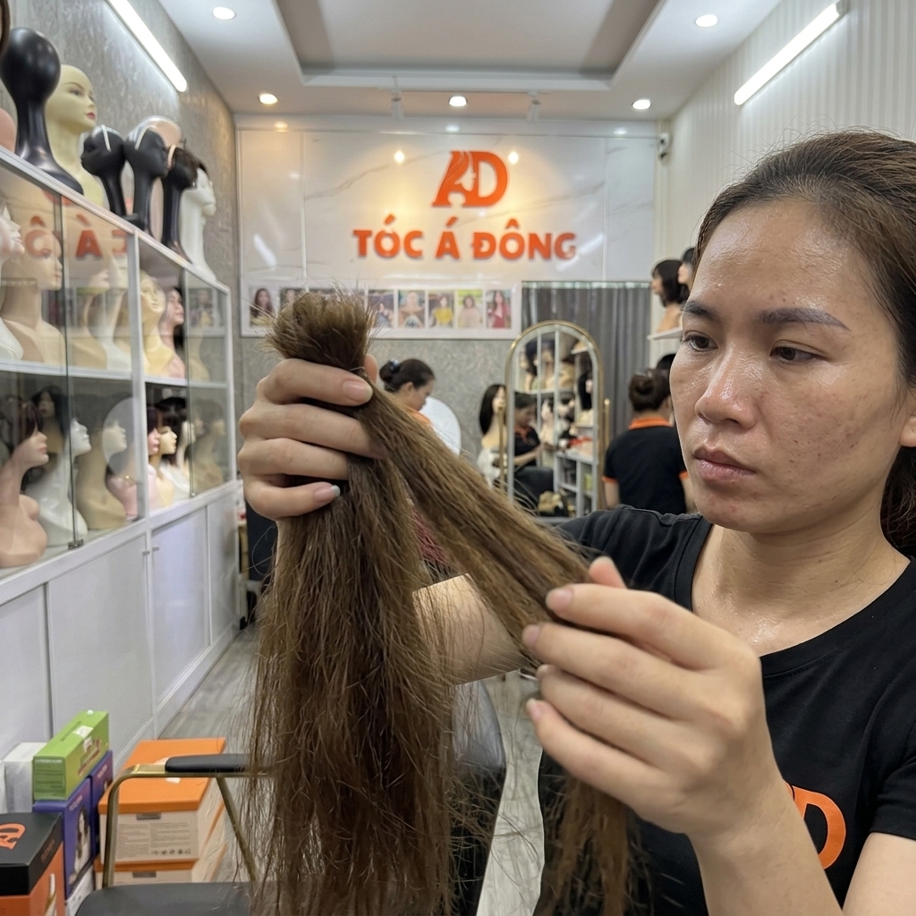 Chuyên viên Tóc Á Đông đang kiểm tra kỹ lưỡng chất lượng biểu bì, độ dài và tỷ lệ sợi ngắn của lọn tóc thật để định giá chính xác