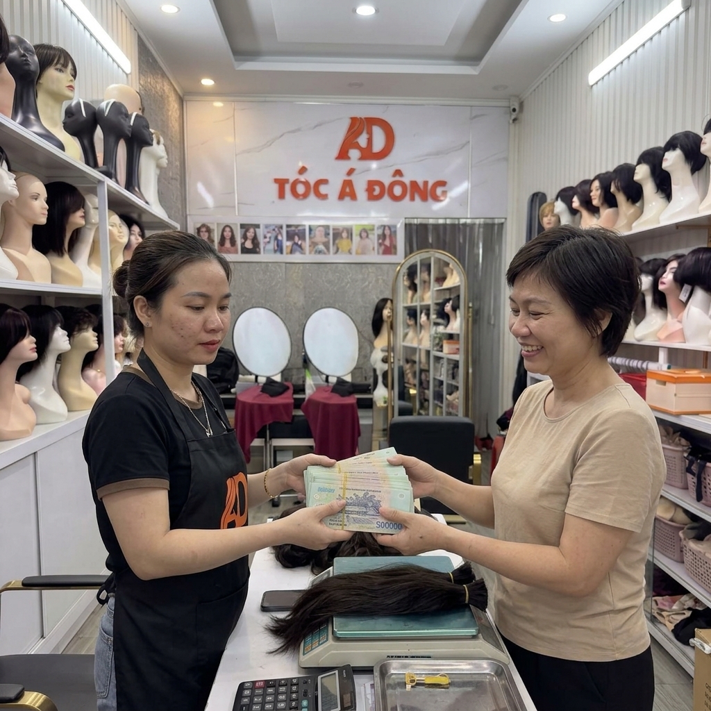 Nhân viên Tóc Á Đông thanh toán ngay bằng tiền mặt cho khách hàng bán tóc với giá cao