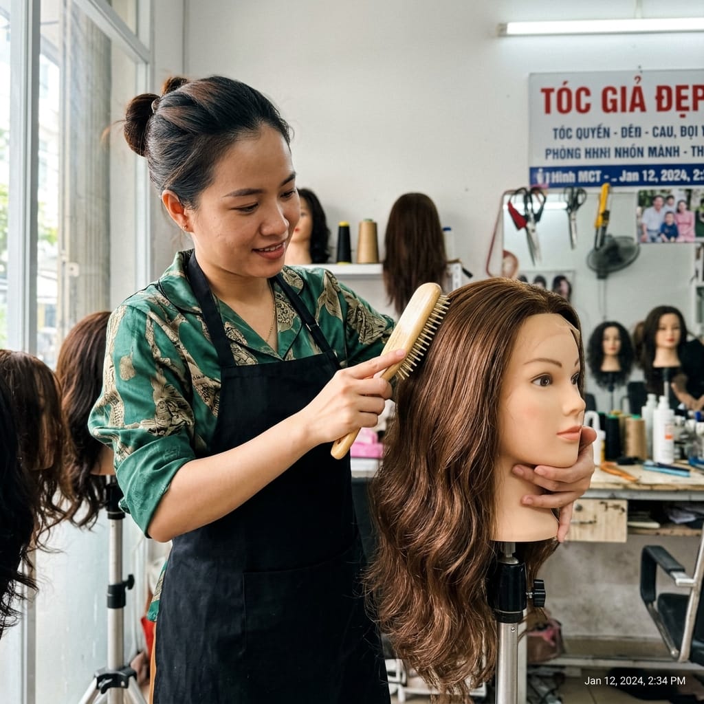 Hướng dẫn chải gỡ rối tóc giả bằng lược thưa trước khi giặt giúp ngăn chặn đứt gãy, rụng tóc