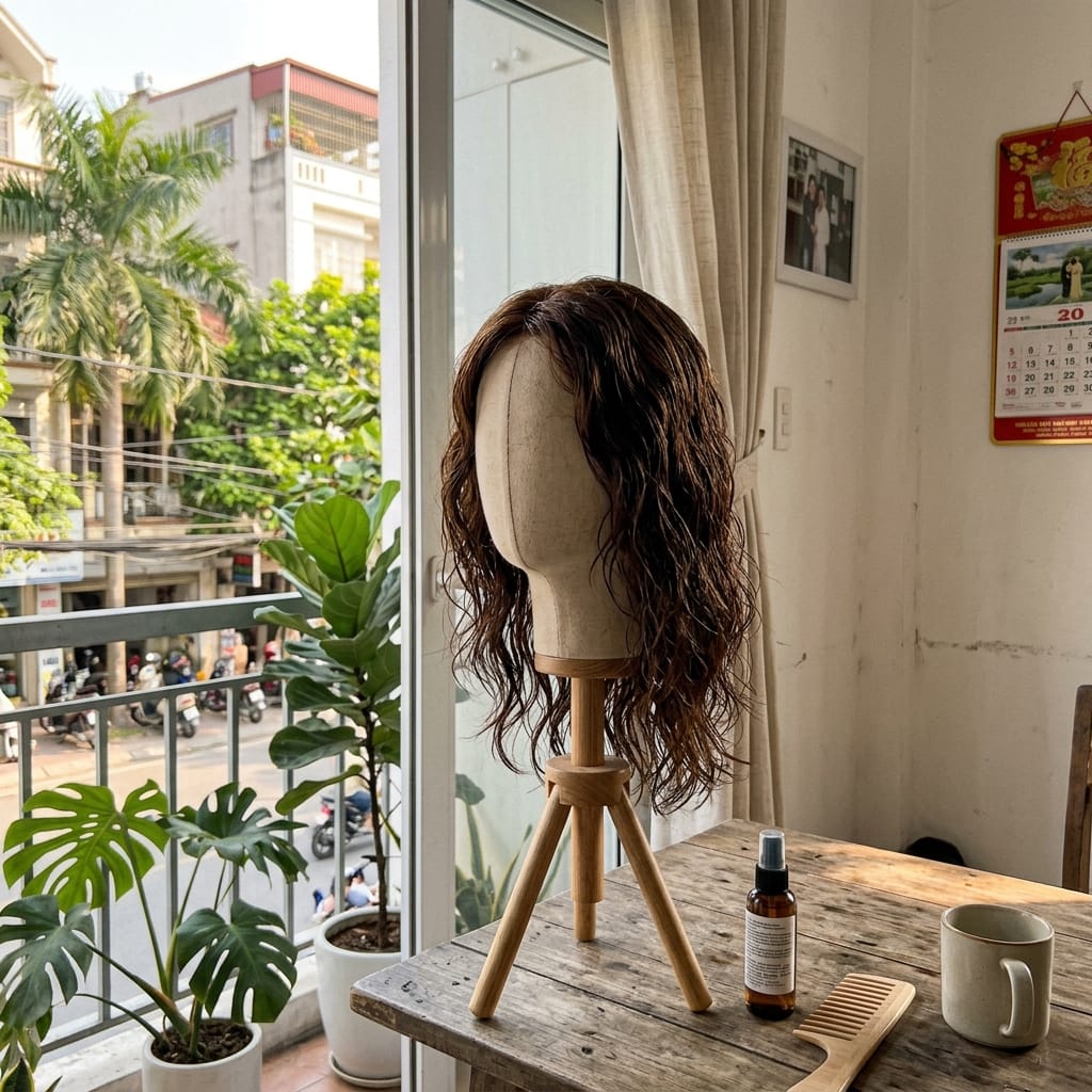 Phơi tóc giả trên giá đỡ ở nơi thoáng mát, tránh ánh nắng gắt giúp bảo toàn độ bền của lưới và sợi tóc