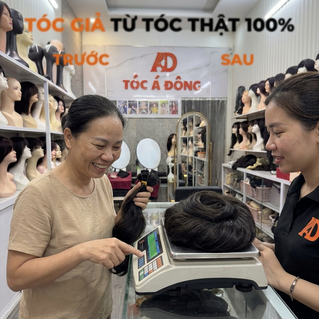 Khách hàng Lan đang được nhân viên Tóc Á Đông cân và định giá chính xác mái tóc thật nguyên thủy của mình