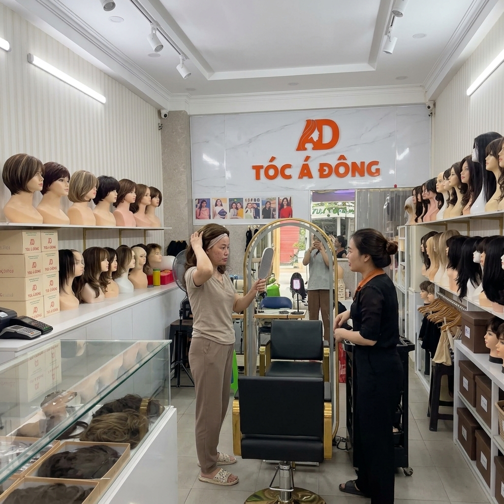 Bối cảnh khách hàng tại cửa hàng Tóc Á Đông