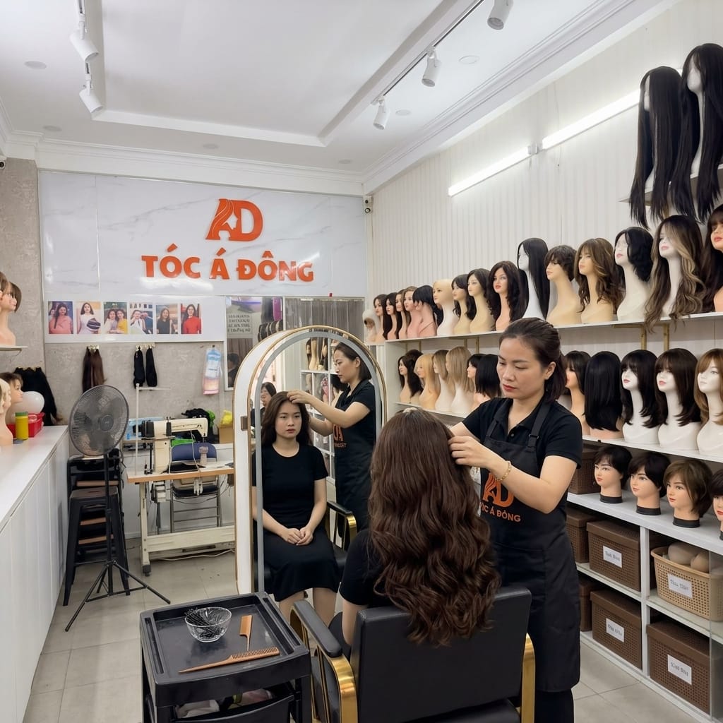 Khách hàng trung niên đội tóc giả nguyên đầu