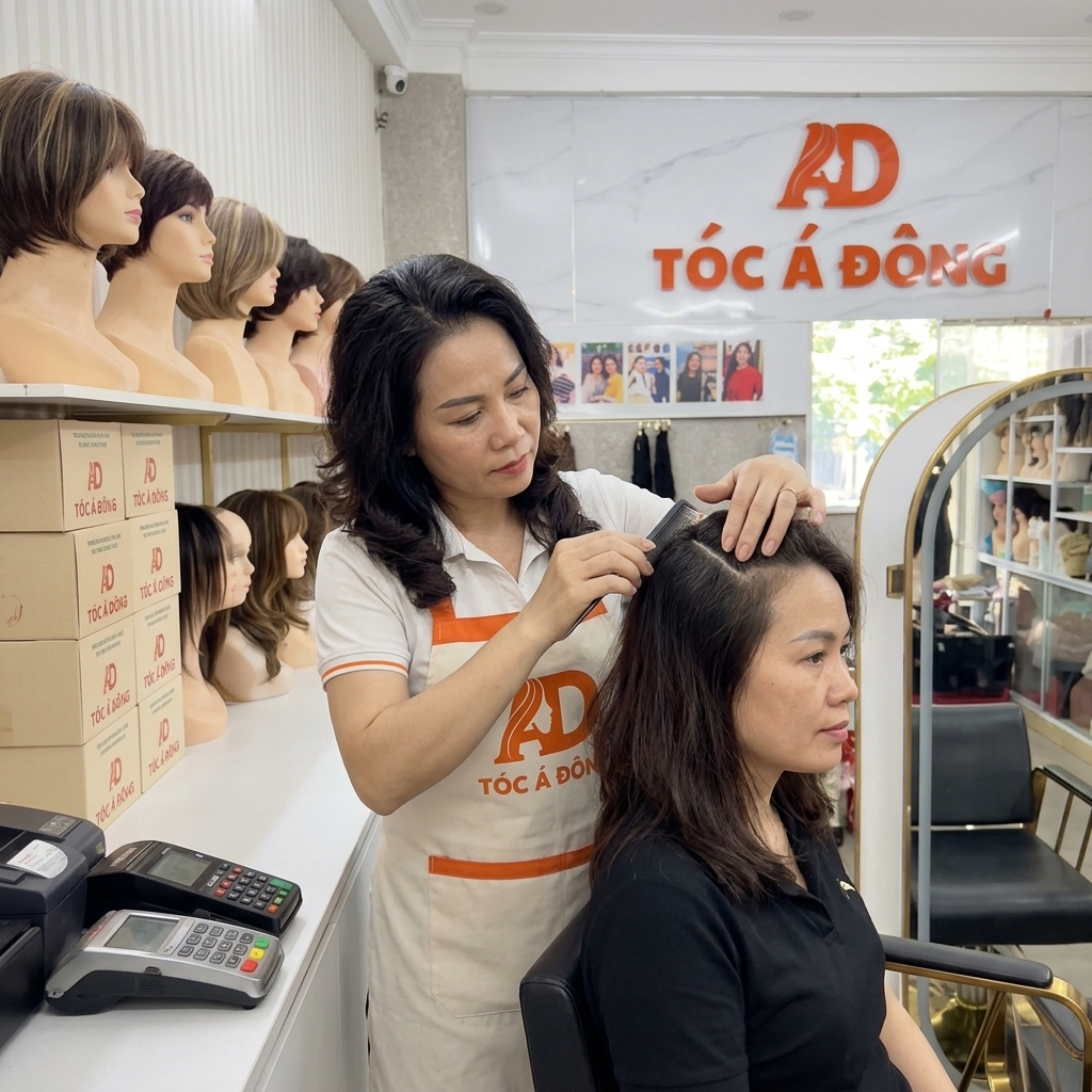 Chuyên gia kiểm tra da đầu cho khách hàng