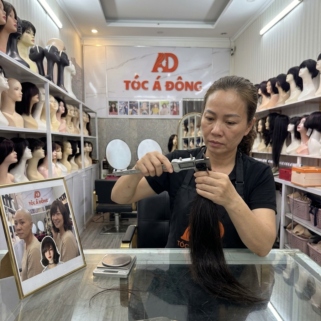 Chuyên gia Tóc Á Đông đang dùng thước kẹp và cân điện tử kiểm tra độ dày của lọn tóc dài để định giá chuẩn xác