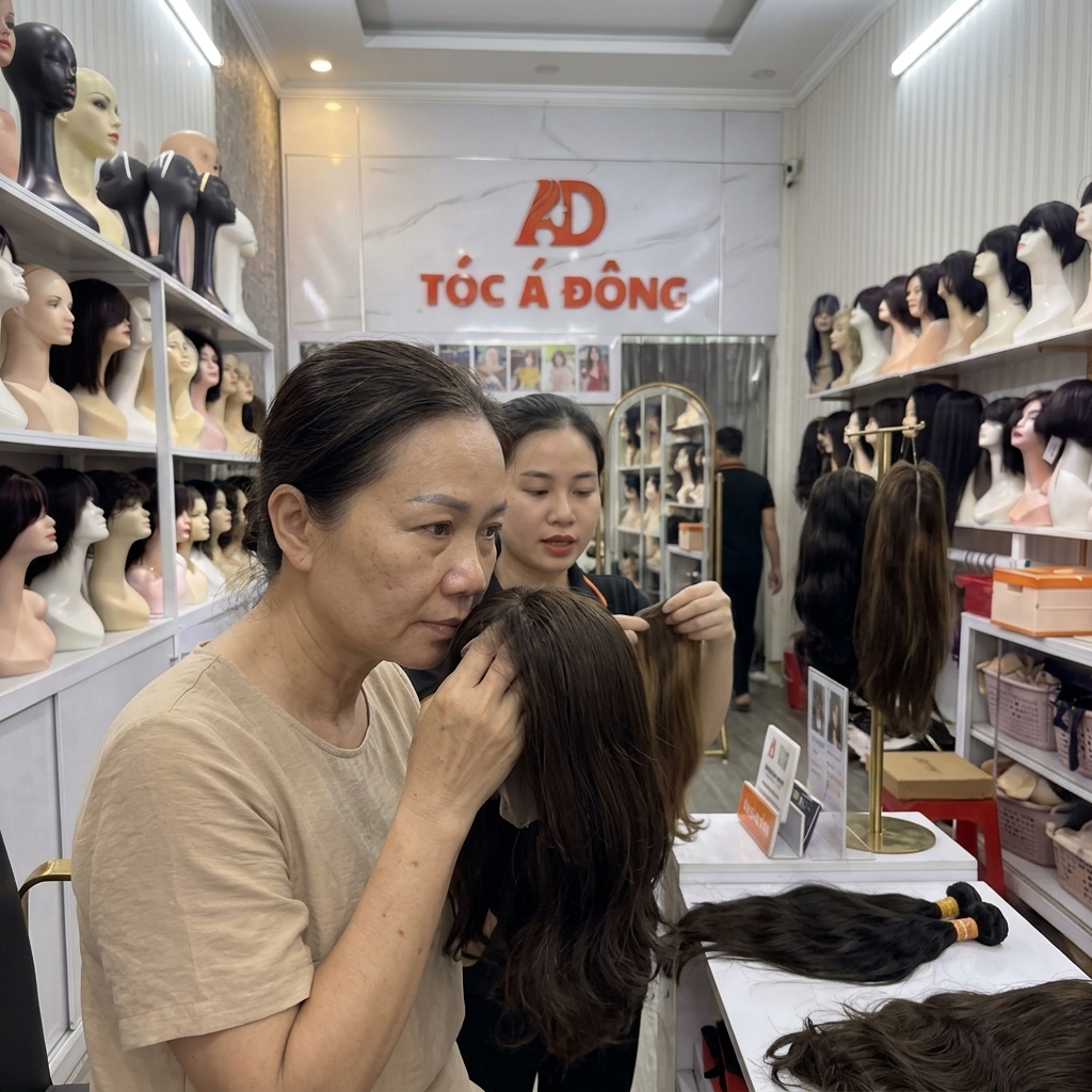 Khách hàng trải nghiệm và kiểm tra trực tiếp chất lượng tóc thật tại showroom Tóc Á Đông