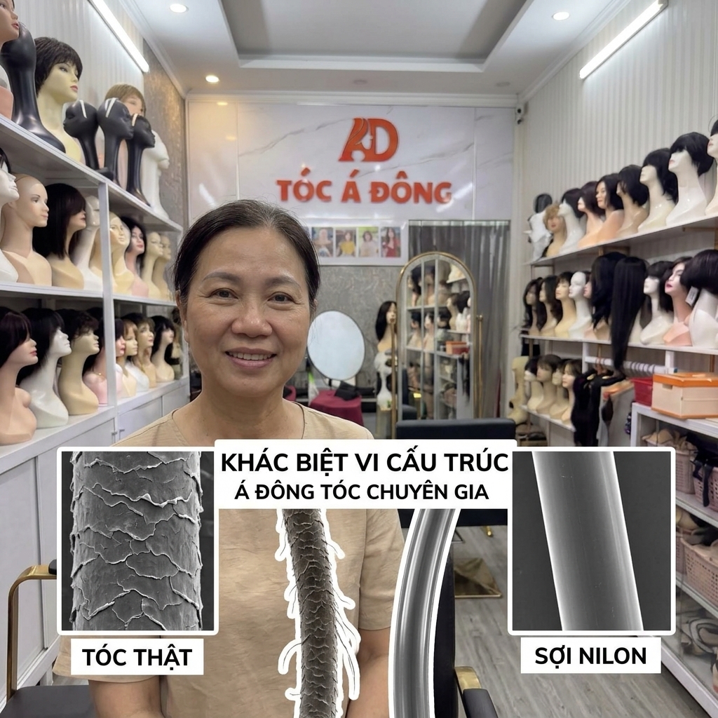 Sự khác biệt cấu trúc vi mô giữa lớp vảy biểu bì của tóc thật và bề mặt trơn bóng của sợi nilon dưới góc nhìn của chuyên gia Tóc Á Đông
