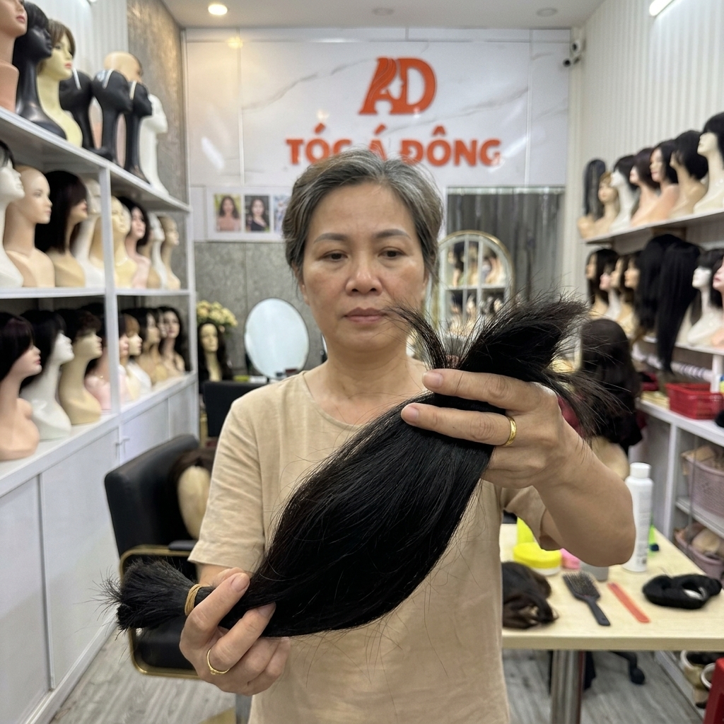 Chuyên gia Tóc Á Đông đang trực tiếp kiểm tra và định giá tóc cắt cho khách hàng tận nơi