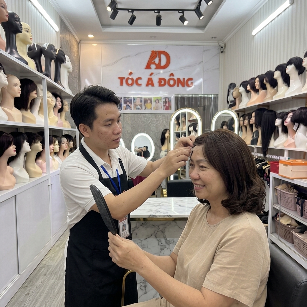 Nhân viên tư vấn chuyên nghiệp của Tóc Á Đông đang hỗ trợ khách hàng điều chỉnh chân tóc giả