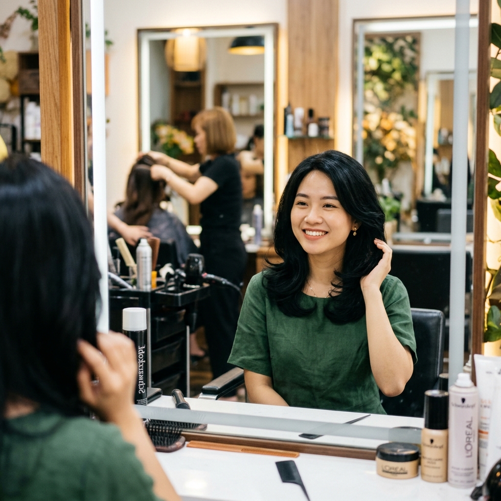 Khách hàng hạnh phúc nhận lại bộ tóc giả đã phục hồi