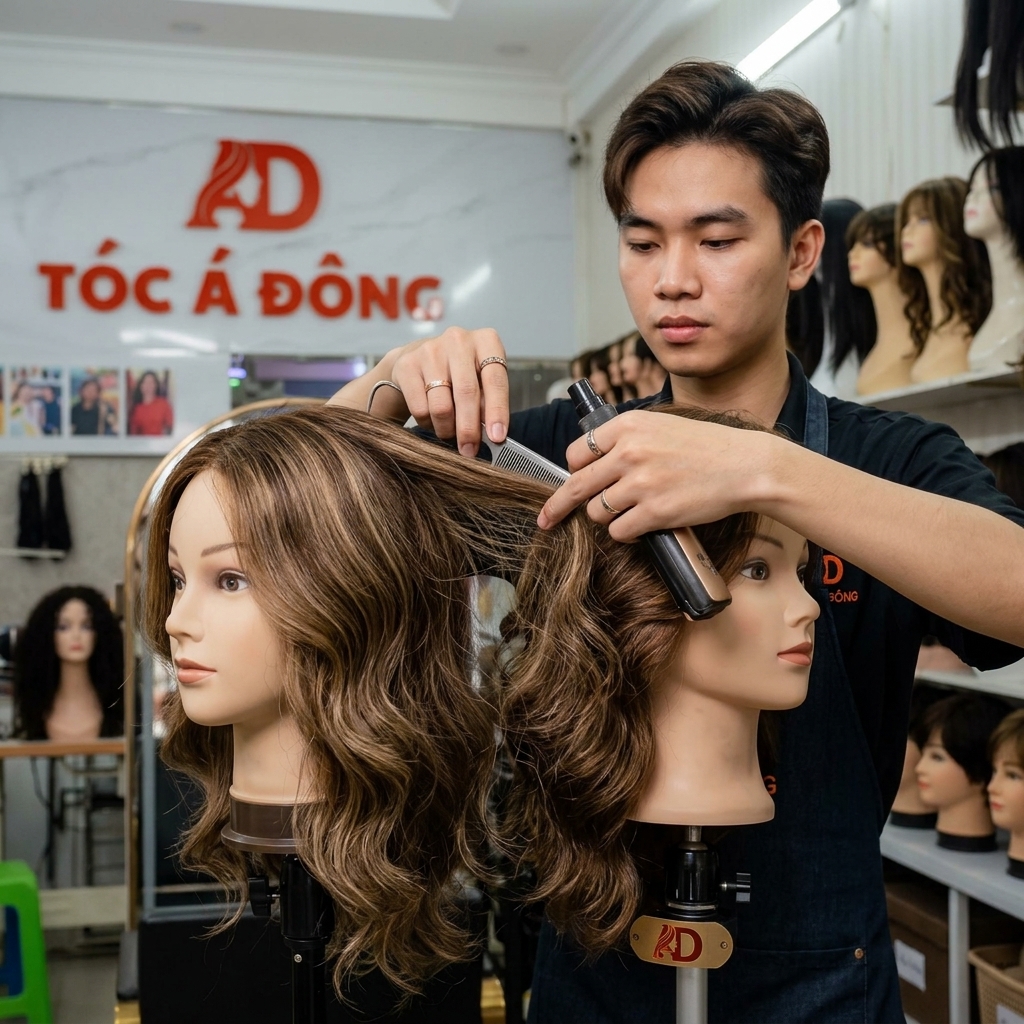Chuyên gia tạo mẫu tóc đang cắt tỉa tóc giả tại cửa hàng Cách Mạng Tháng 8