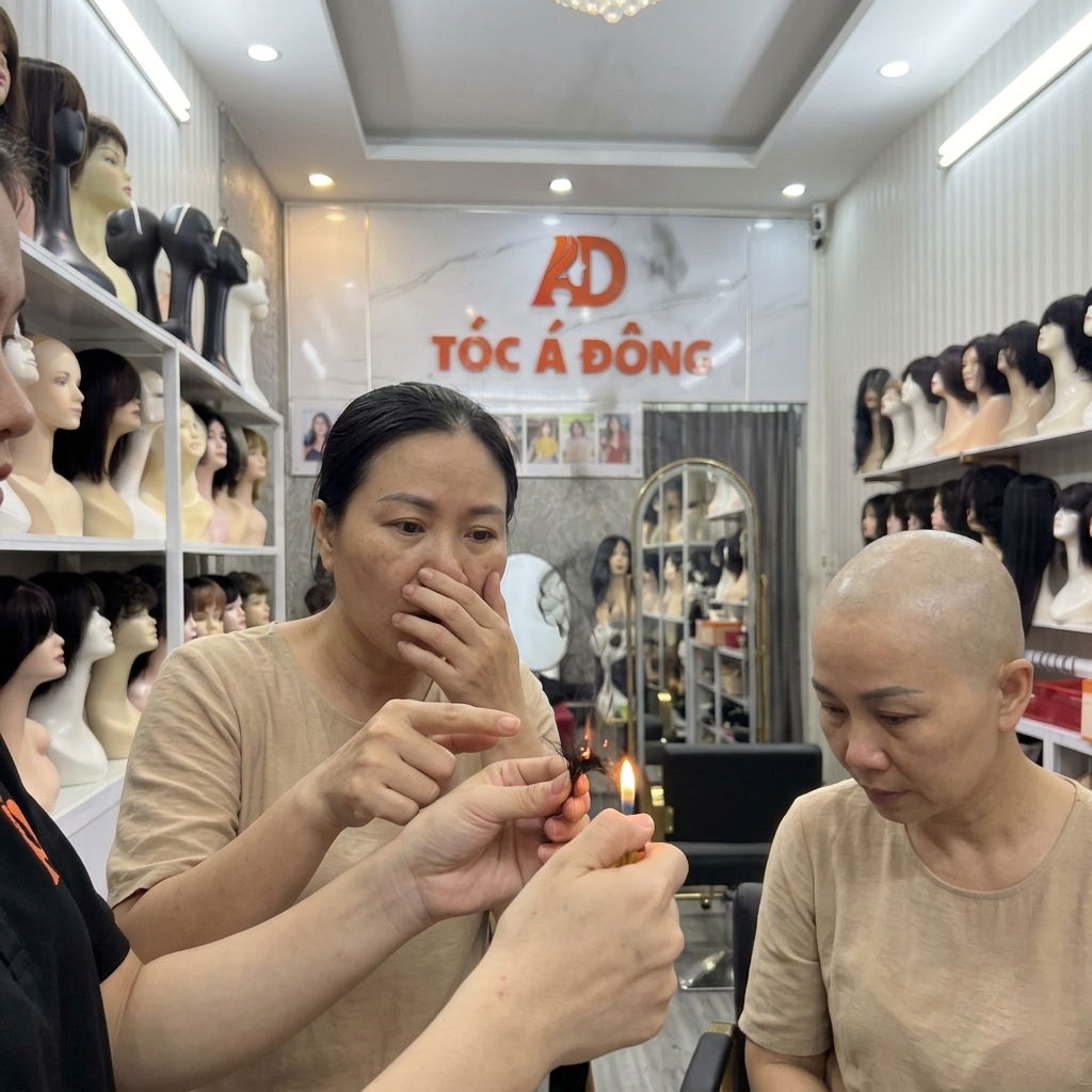 Khách hàng tận mắt chứng kiến bài test đốt lửa tại showroom Tóc Á Đông để phân biệt mùi khét sừng của tóc thật và mùi nhựa cháy vón cục của sợi nilon