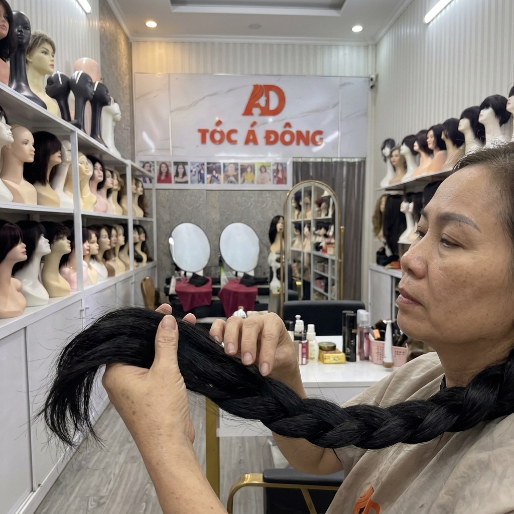 Chuyên gia Tóc Á Đông đang cẩn thận kiểm tra chất lượng của một lọn tóc thật chưa qua hóa chất.