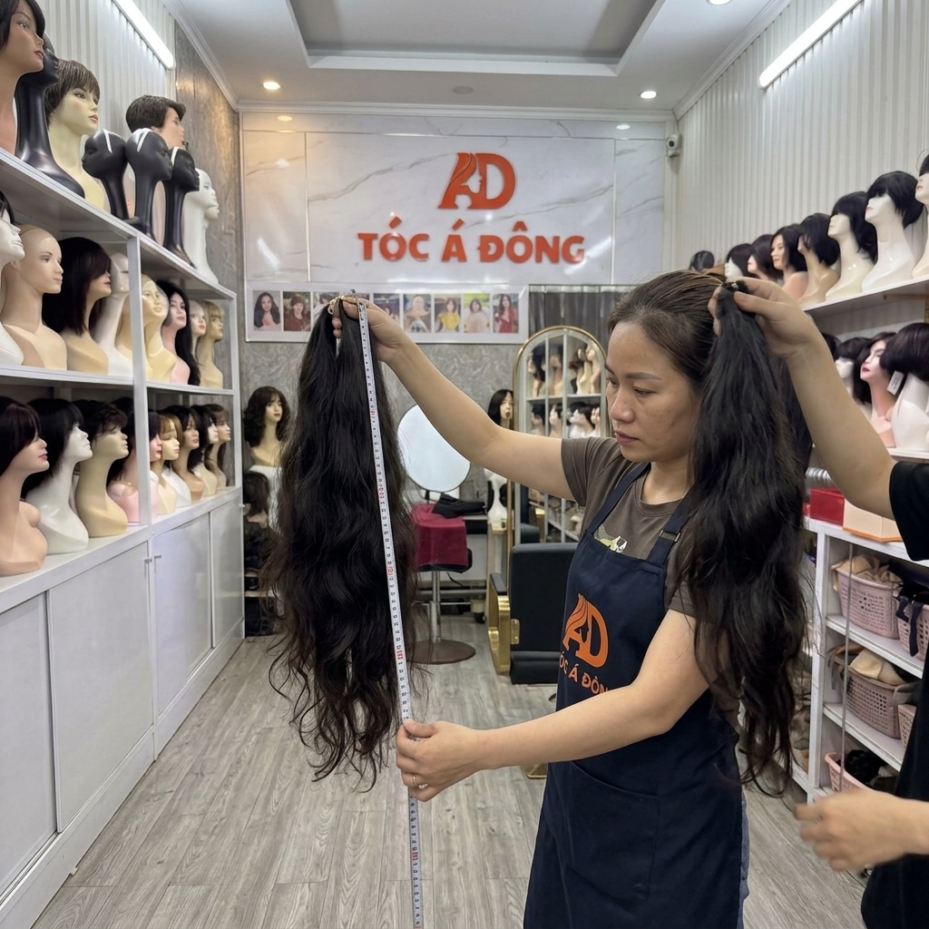 Chuyên gia đo đạc chiều dài và độ dày của lọn tóc nguyên thủy trước khi định giá.