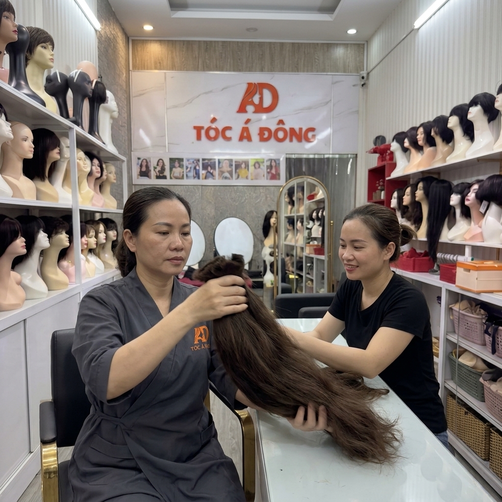 Chuyên gia Tóc Á Đông đang đánh giá chất lượng bộ tóc thật nguyên thủy của khách hàng