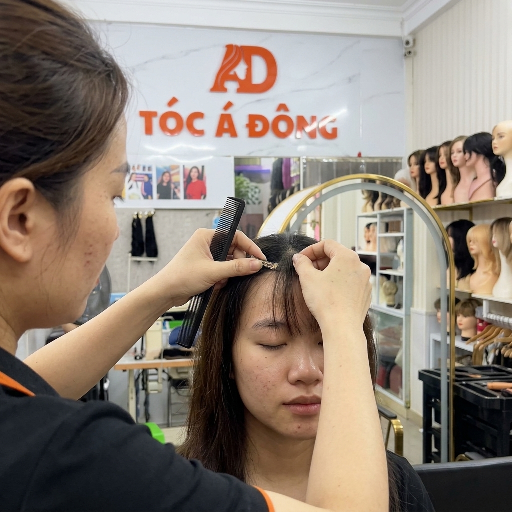 Chuyên gia Tóc Á Đông đang thao tác kẹp mái giả thật cho khách hàng