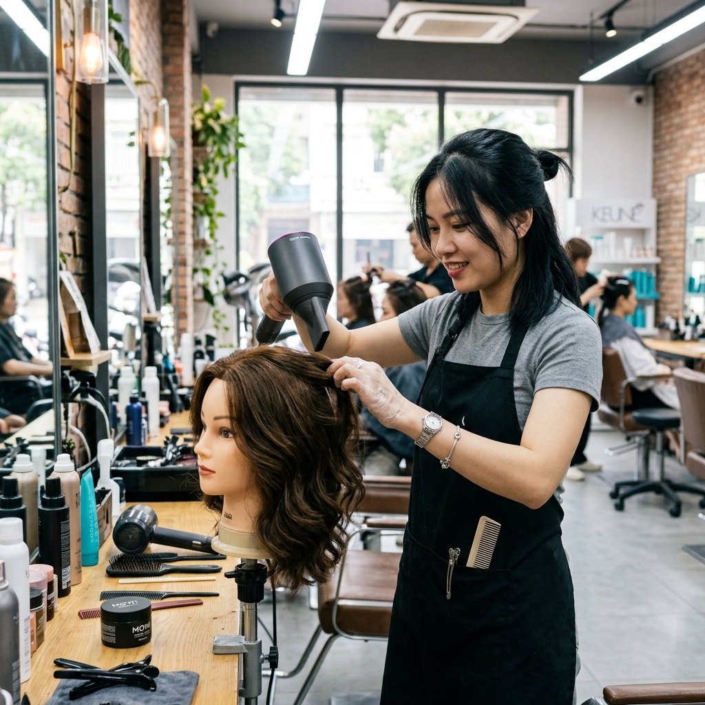 Chuyên viên đang sấy và vuốt sáp tạo kiểu cho bộ tóc giả